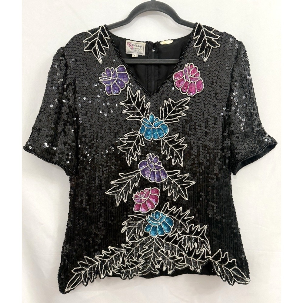 VTG Stenay 100% Silk Black Sequin Beaded Evening Top Womens Size XL Floral